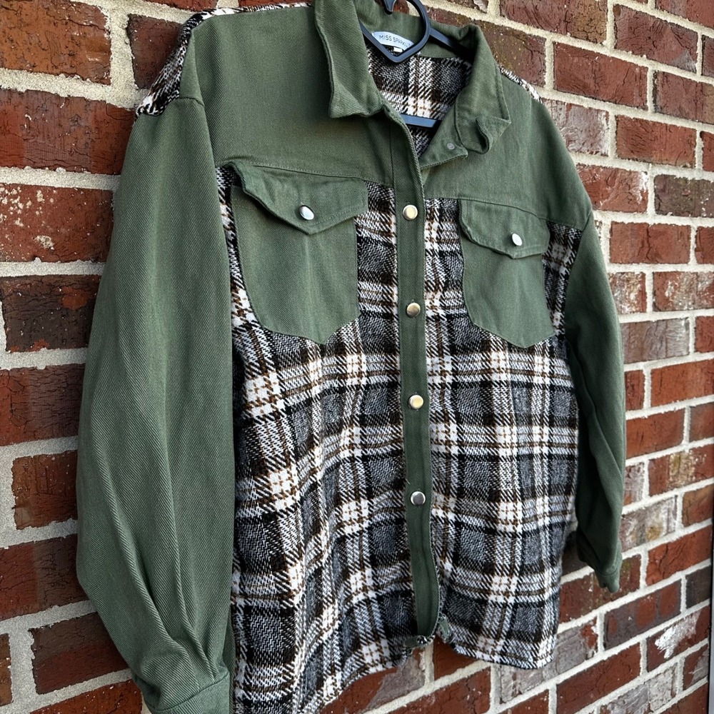 Plaid & Olive‎ Green Shacket Snap Button Lightweight Jacket Layering Oversized - Picture 3 of 7